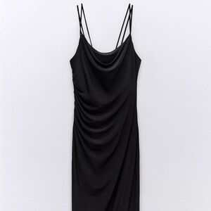 Zara Black Midi dress draped neckline Strappy ruching stretchy pull on party